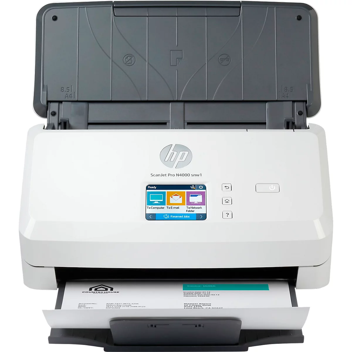 Weißer HP-Scanner, offene Klappe, Papier im Ausgabefach. Auf dem Display: Symbole für Computer, E-Mail und Ordner.