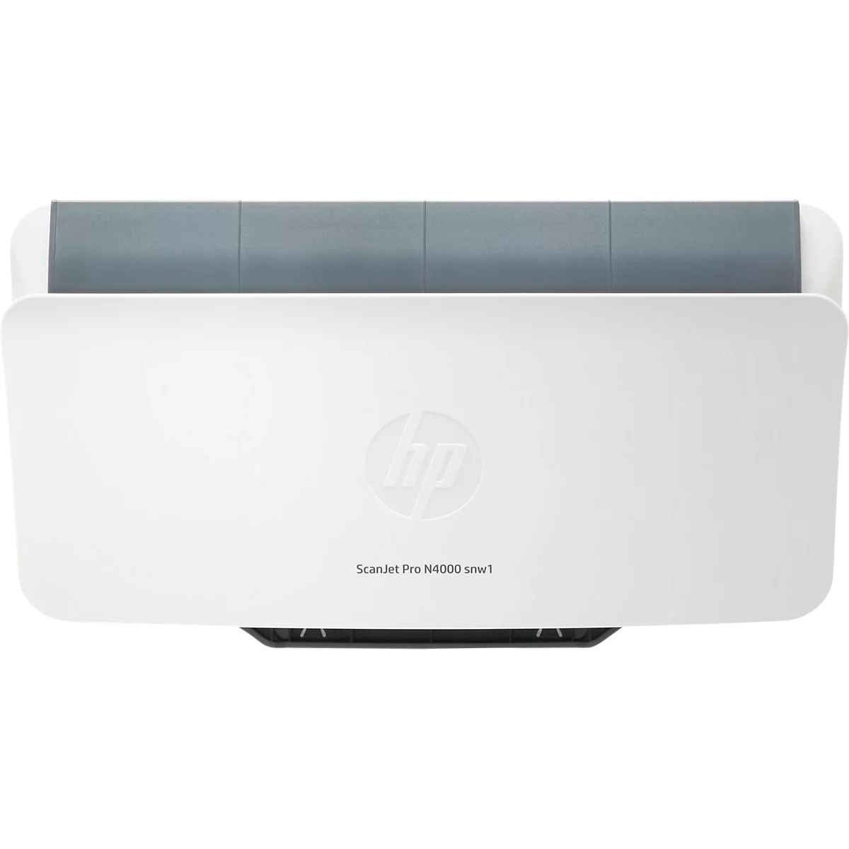 Draufsicht auf einen weißen HP-Scanner mit grauem Deckel. HP-Logo und Schriftzug unten.