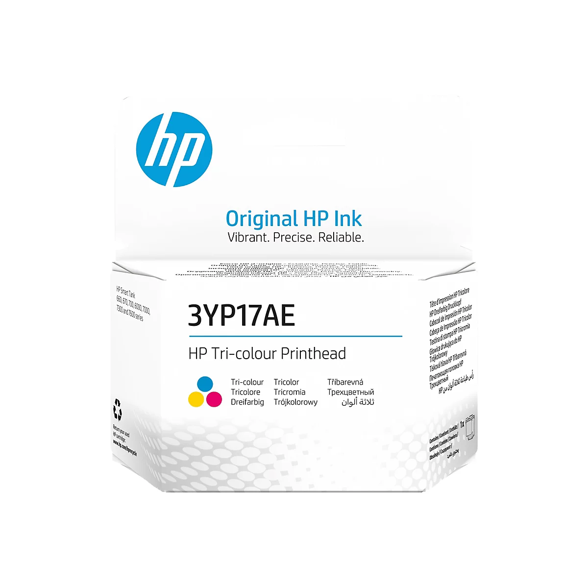 HP Tintenpatrone, weißer Hintergrund. Aufdruck: HP, Original HP Ink. Produktbezeichnung: 3YP17AE. Aufgedruckt sind die Farben Cyan, Magenta, Gelb.