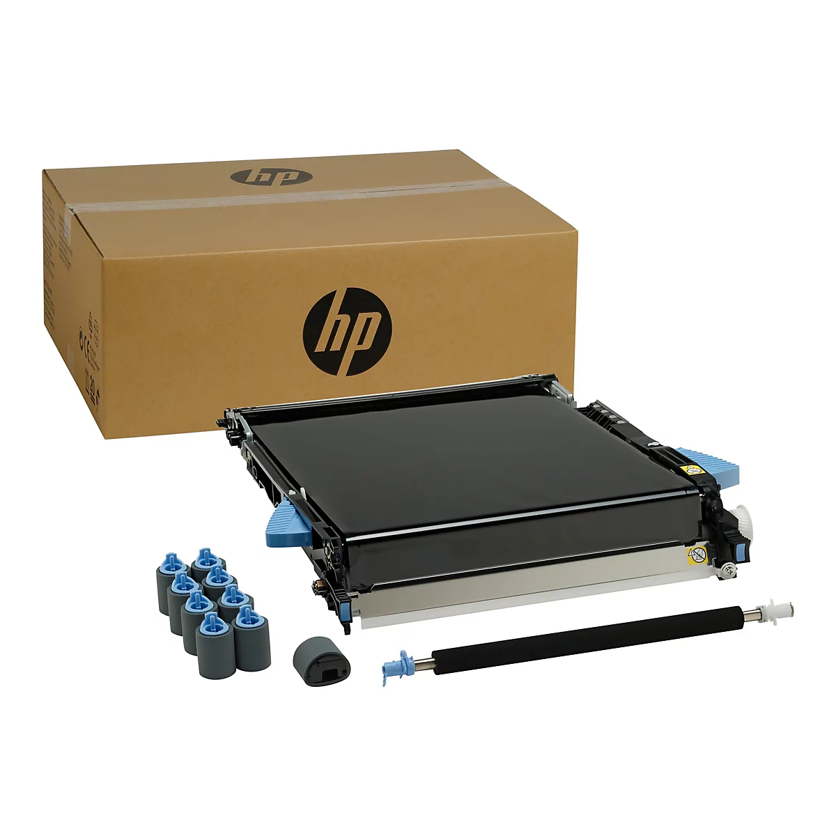 Ein Druckerzubehör-Kit mit einer schwarzen Trommeleinheit, Rollen, einem Papiertrenner und einer Schachtel mit HP-Logo.