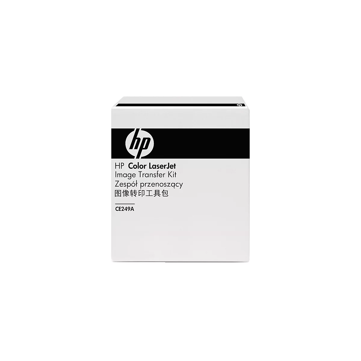 Weiße HP-Verpackung, schwarzes Band, Logo und Produktbeschriftung. "HP Color LaserJet Image Transfer Kit".