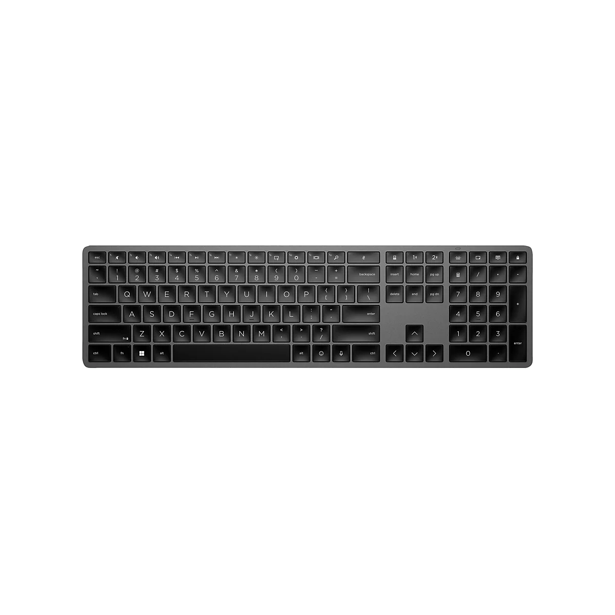 Draufsicht auf eine flache, schwarze kabellose Computertastatur mit weißer Beschriftung und numerischem Tastenfeld.