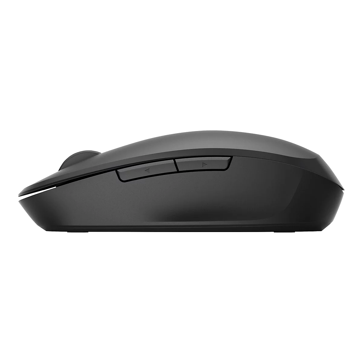 Schwarze, ergonomische Computermaus in Seitenansicht vor weißem Hintergrund.