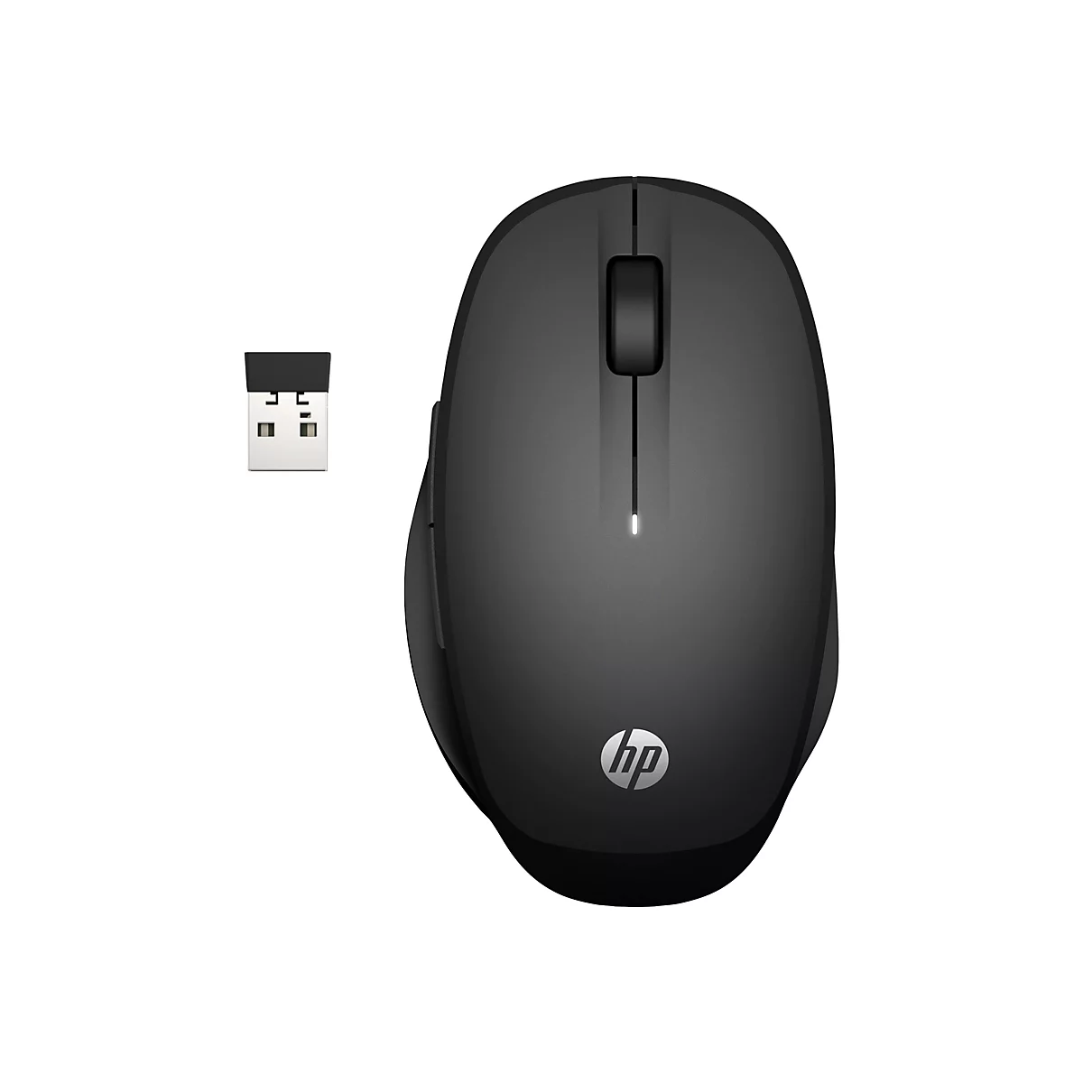 Schwarze kabellose HP-Maus mit USB-Empfänger auf weißem Hintergrund.