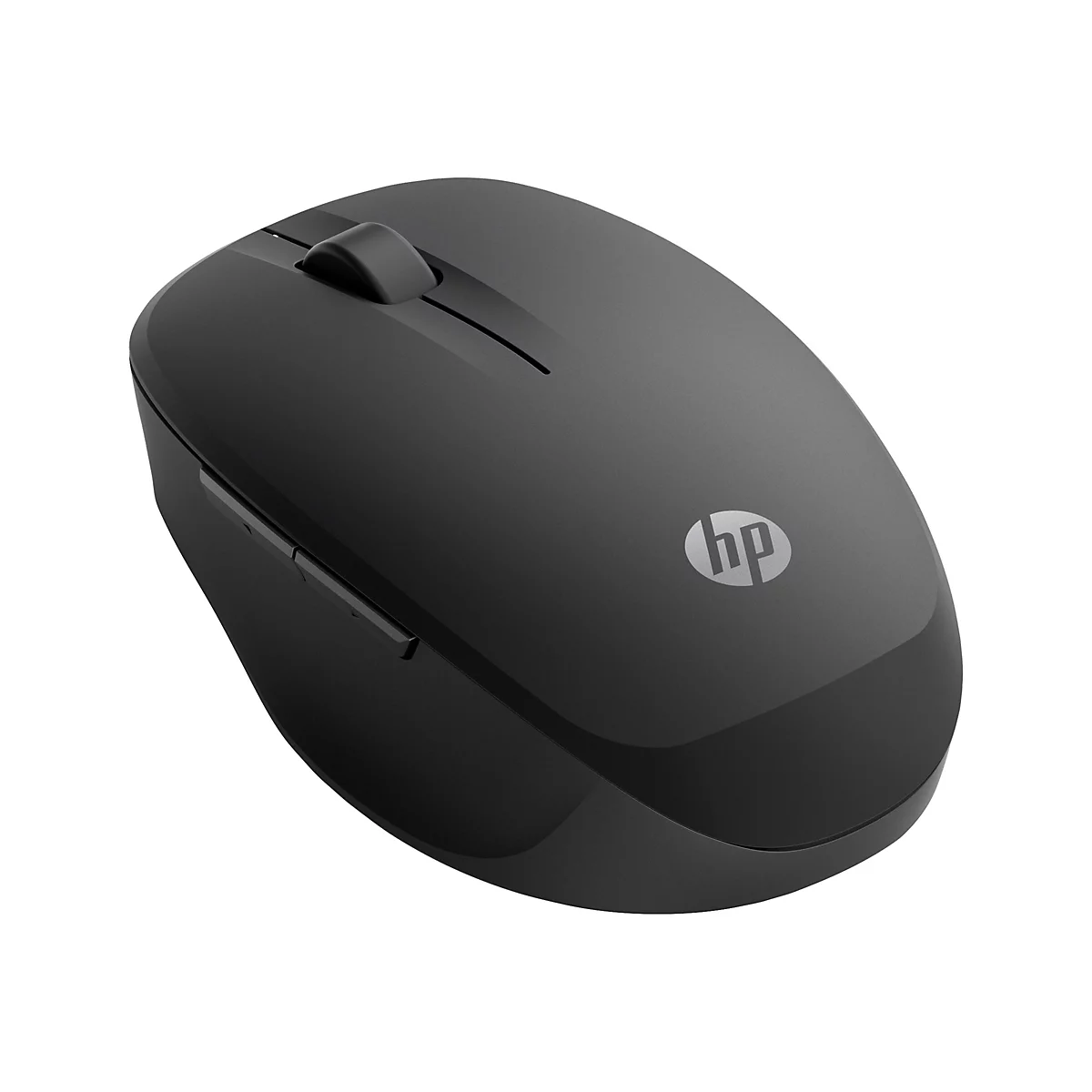 Schwarze, kabellose HP-Computermaus vor weißem Hintergrund mit HP-Logo und seitlichen Tasten.