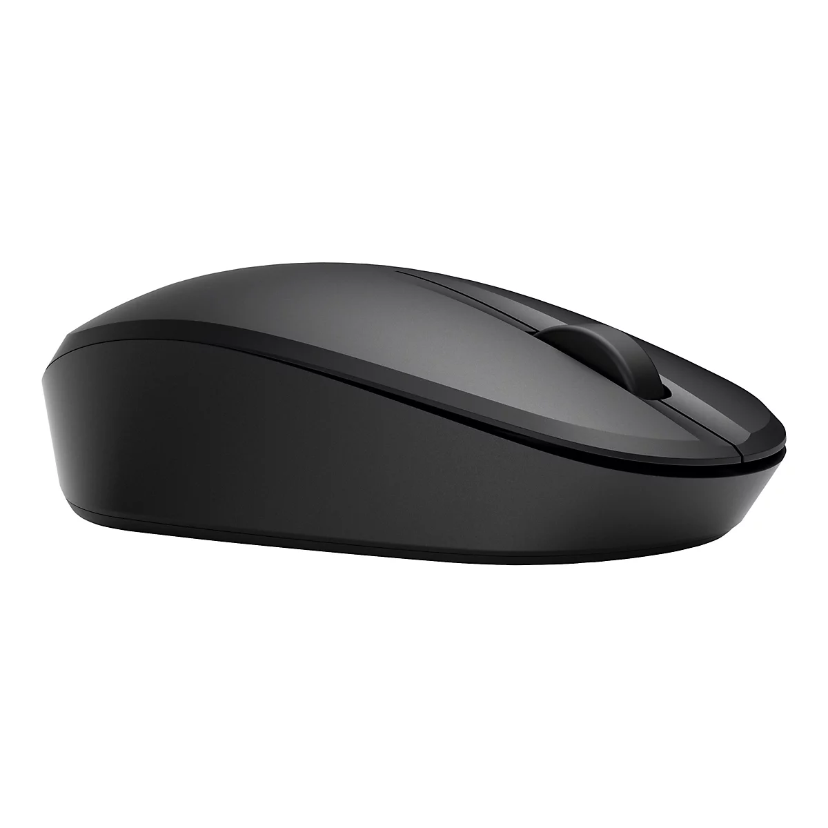 Draufsicht einer schwarzen Computermaus auf weißem Hintergrund. Die Maus hat ein ergonomisches Design.