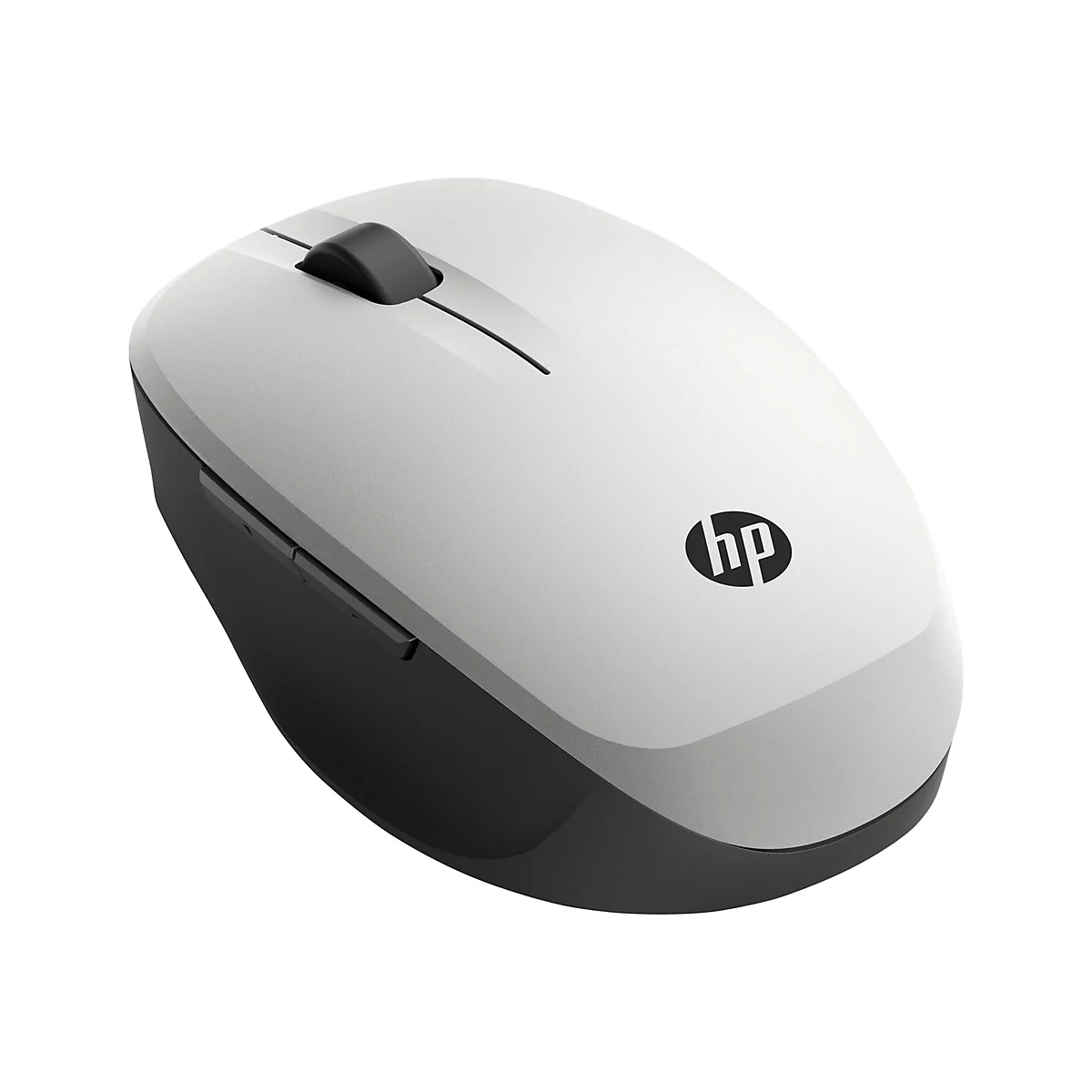 Drahtlose Maus mit weißer Oberseite und schwarzem Unterteil. Das HP Logo ist sichtbar.