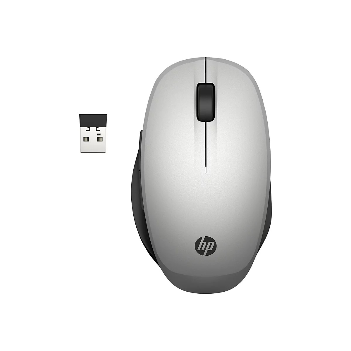 Graue kabellose HP Maus mit USB-Empfänger auf weißem Hintergrund. Die Maus hat ein HP-Logo.