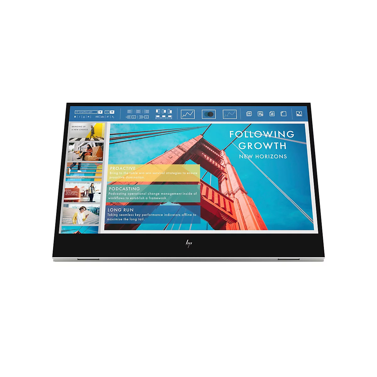 Ein Laptop zeigt eine Präsentation mit dem Titel "Following Growth New Horizons". Auf dem Bildschirm ist eine rote Brücke zu sehen, ähnlich der Golden Gate Bridge, die sich über einen blauen Himmel erstreckt. Auf dem Bildschirm sind weitere Bilder und ...