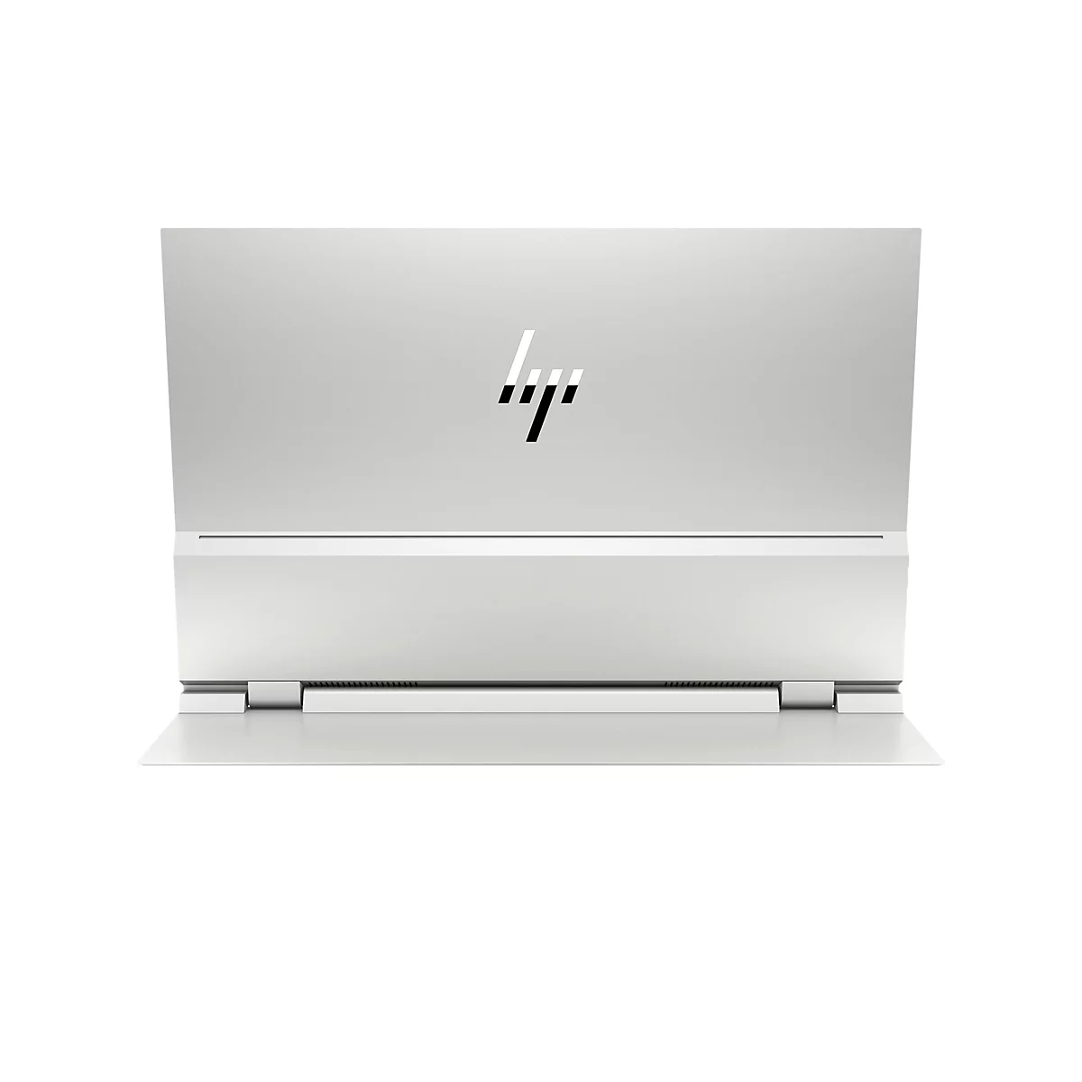 Hellgraues HP Laptop, halb geöffnet, Rückseite. HP Logo in schwarz-weiß.