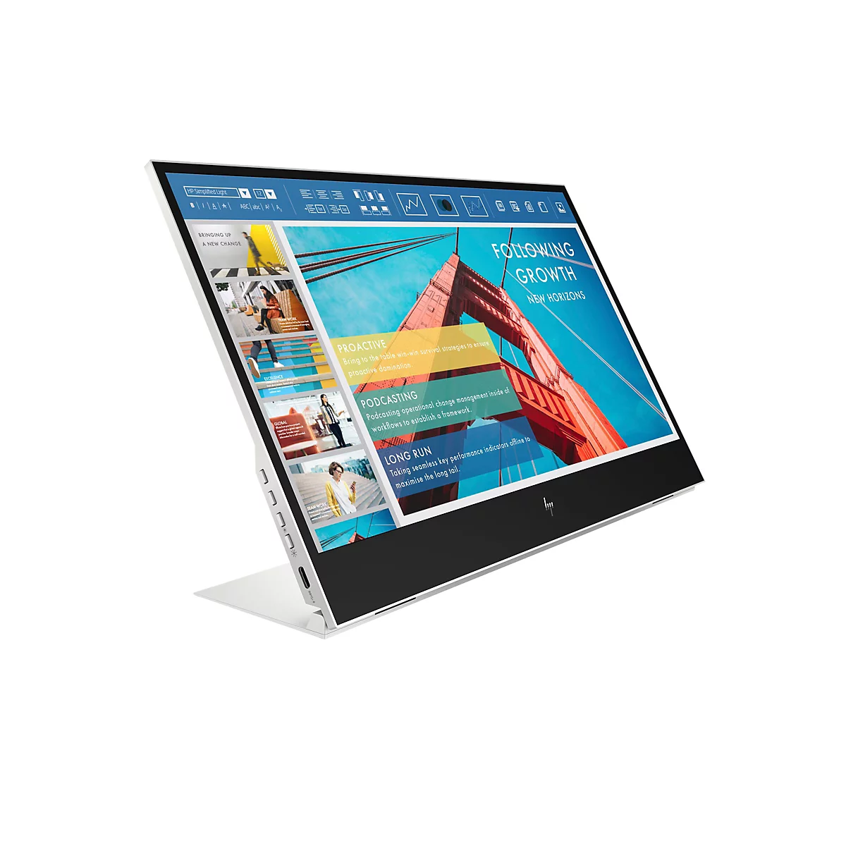 Ein weißes, schlankes HP-Gerät mit einem schwarzen Display, das eine Präsentation zeigt. Im Hintergrund sind Teile der Golden Gate Bridge zu sehen.