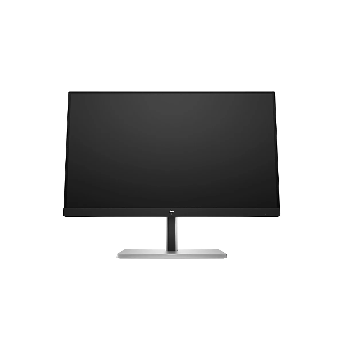 Schwarzer HP Monitor mit dünnem Rahmen auf einem silbernen Standfuß vor weißem Hintergrund.