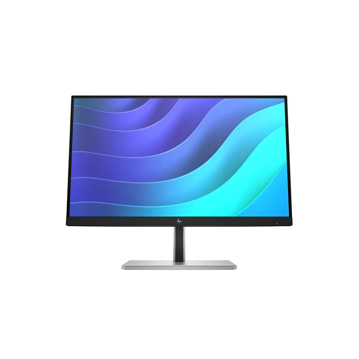 Schwarzer HP Monitor mit schmalem Rahmen und silbernem Standfuß vor weißem Hintergrund.