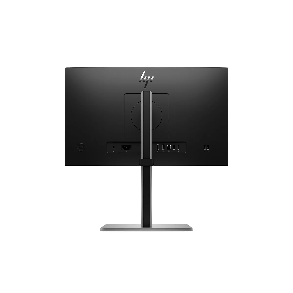 Rückseite eines schwarzen HP-Monitors mit Standfuß und sichtbaren Anschlüssen.
