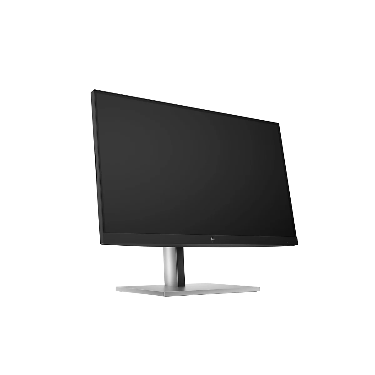 Schwarzer HP Monitor mit schlankem Rahmen auf einem silbernen Standfuß vor weißem Hintergrund.
