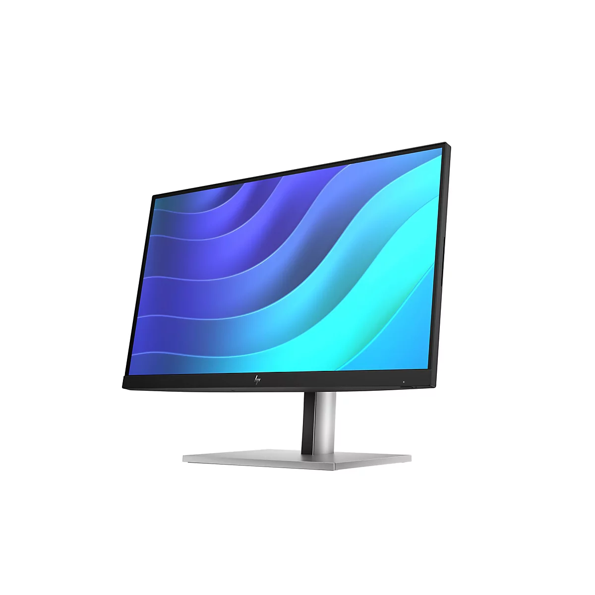 Schwarzer HP Monitor mit schlankem Rahmen, silbernem Standfuß und abstraktem blau-türkisem Wellenmuster auf dem Display.
