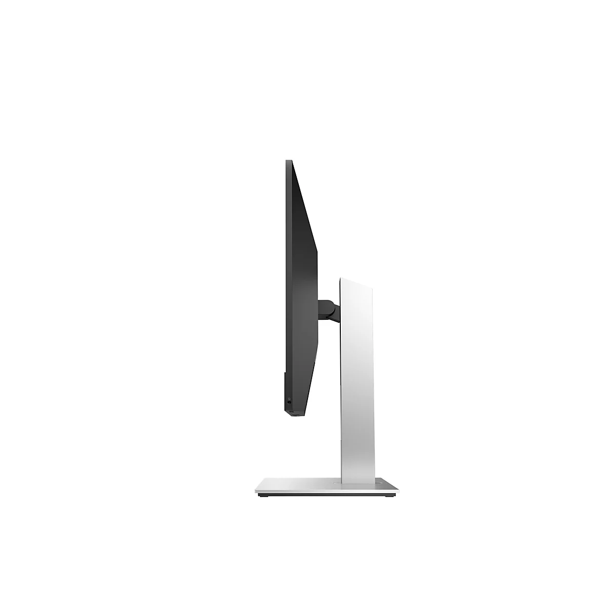 Seitliche Ansicht eines schmalen, schwarzen Computerbildschirms mit einem silbernen Standfuß auf weißem Hintergrund.