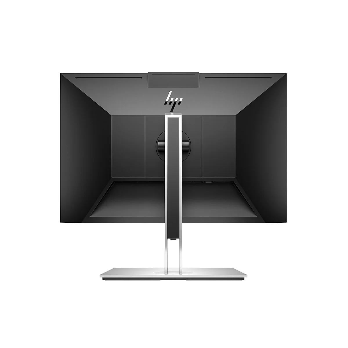 Rückseite eines schwarzen HP Monitors auf einem silbern-schwarzen Standfuß vor weißem Hintergrund.