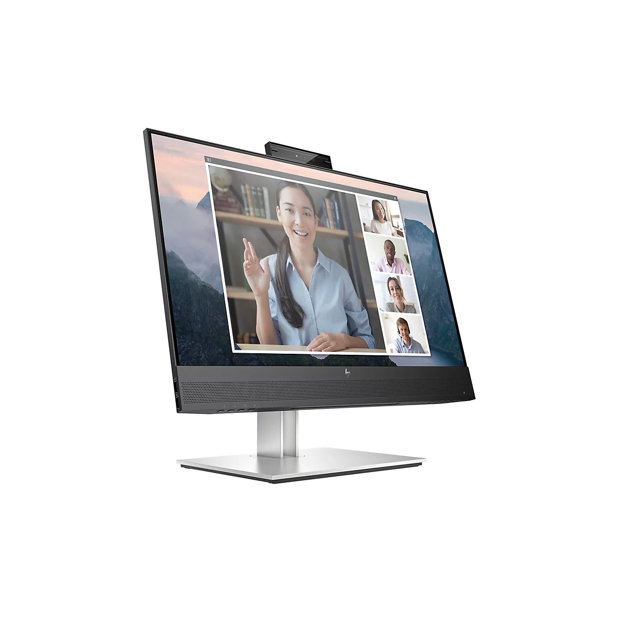 HP All-in-One Computer mit Videokonferenz auf dem Display vor weißem Hintergrund.