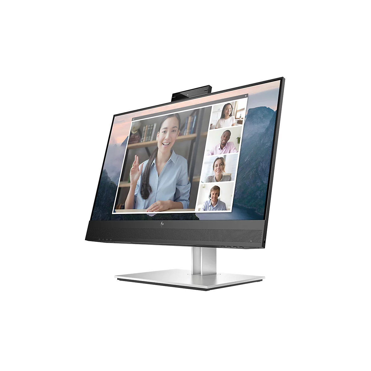 Ein moderner Monitor mit integrierter Webcam zeigt eine Videokonferenz mit fünf Personen auf dem Bildschirm.