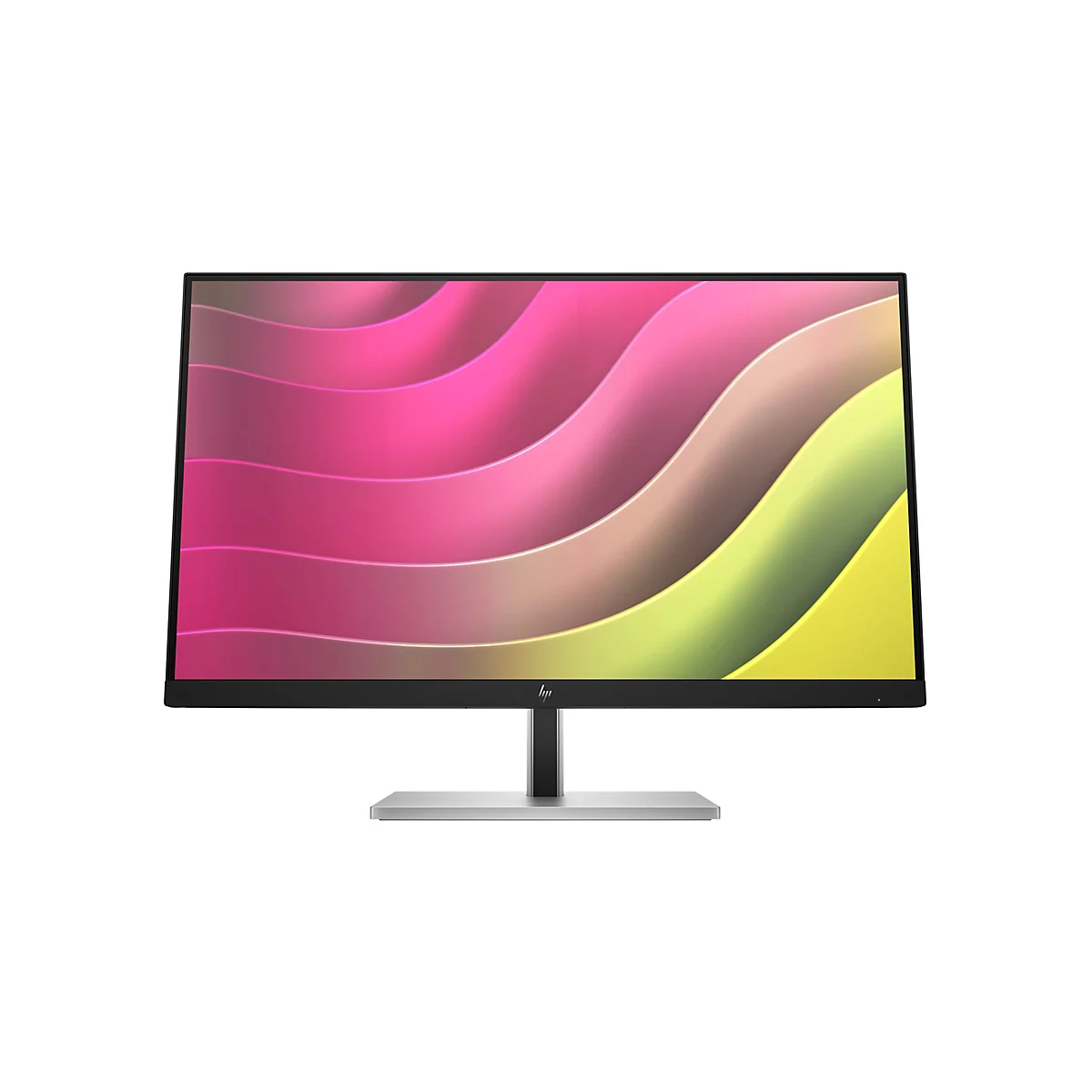 Schwarzer HP Monitor mit dünnem Rahmen auf silbernem Standfuß und abstraktem, farbenfrohem Hintergrund.