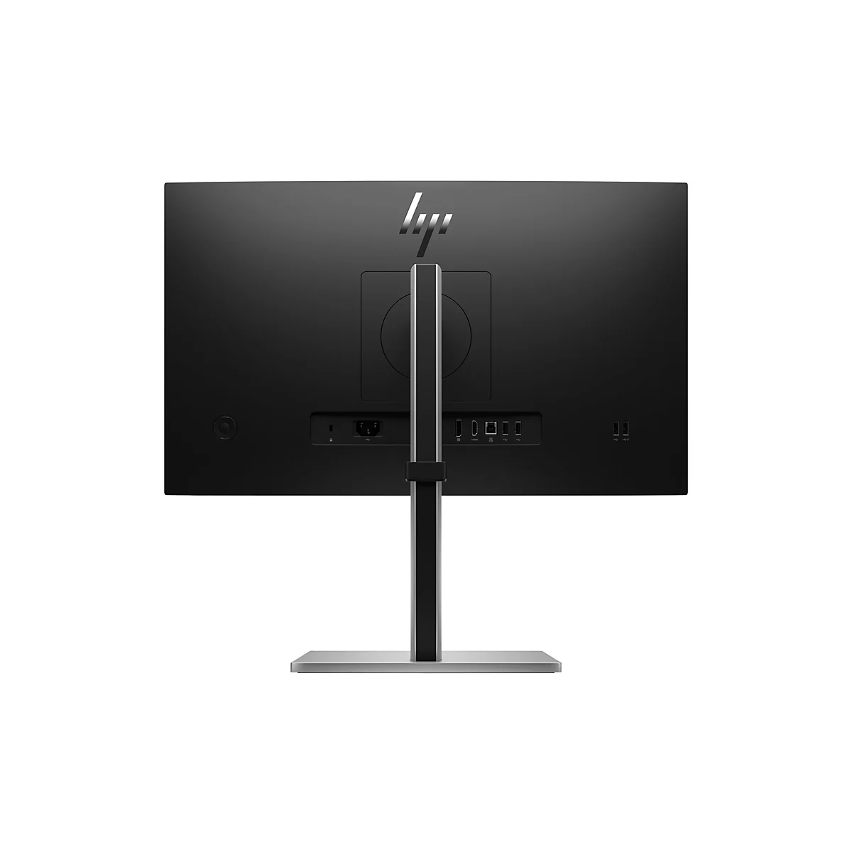 Rückseite eines schwarzen HP-Monitors mit Standfuß und verschiedenen Anschlüssen.
