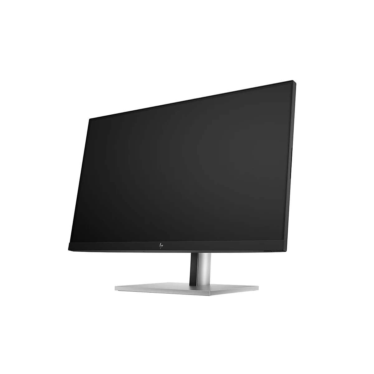 Schwarzer HP Monitor mit schlankem Rahmen auf einem silbernen Standfuß vor weißem Hintergrund.