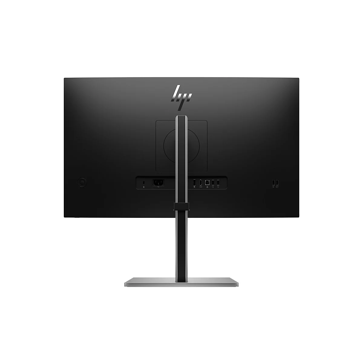 Rückseite eines schwarzen HP Monitors mit Standfuß vor weißem Hintergrund.