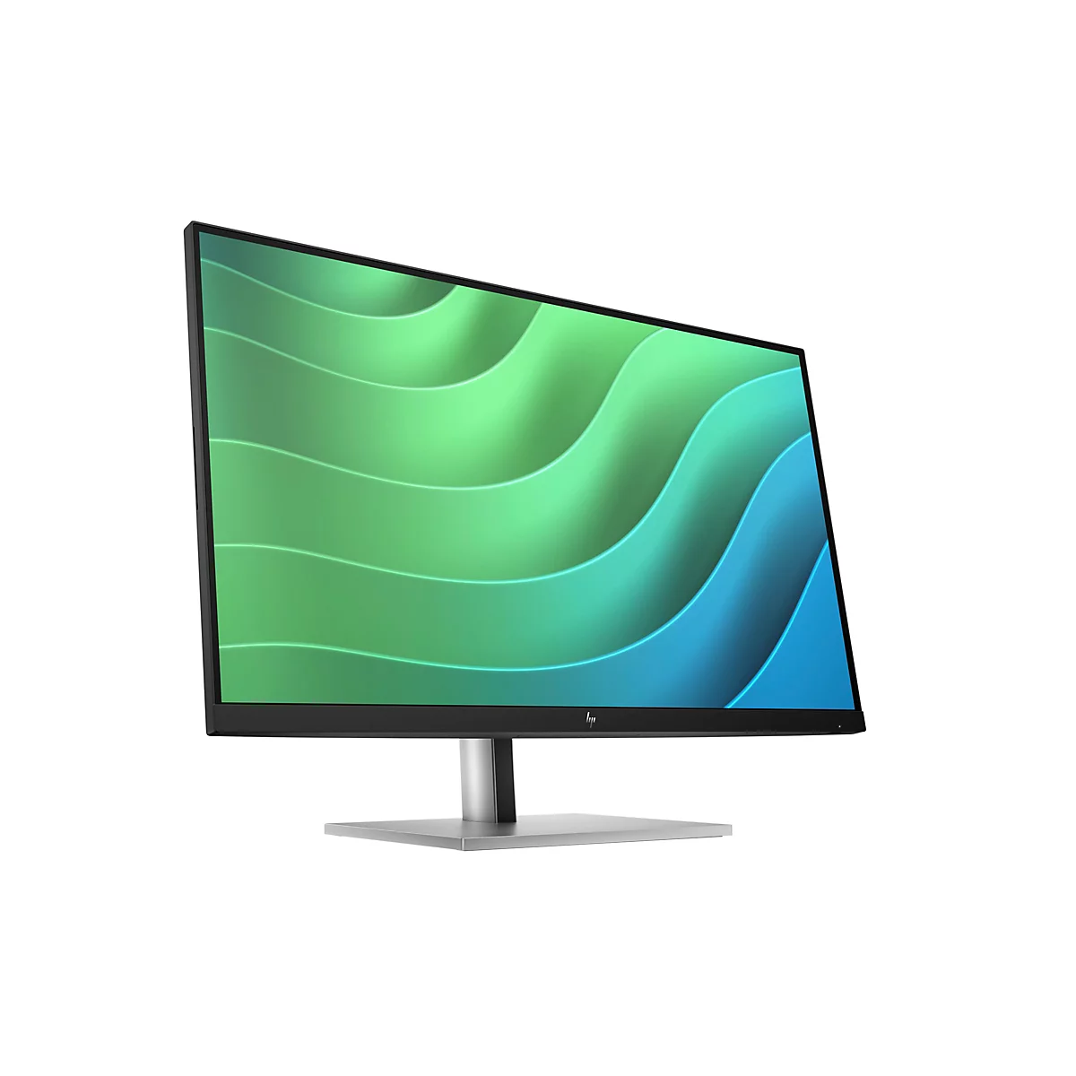 Schwarzer HP Monitor mit schlankem Rahmen auf silbernem Standfuß vor weißem Hintergrund.