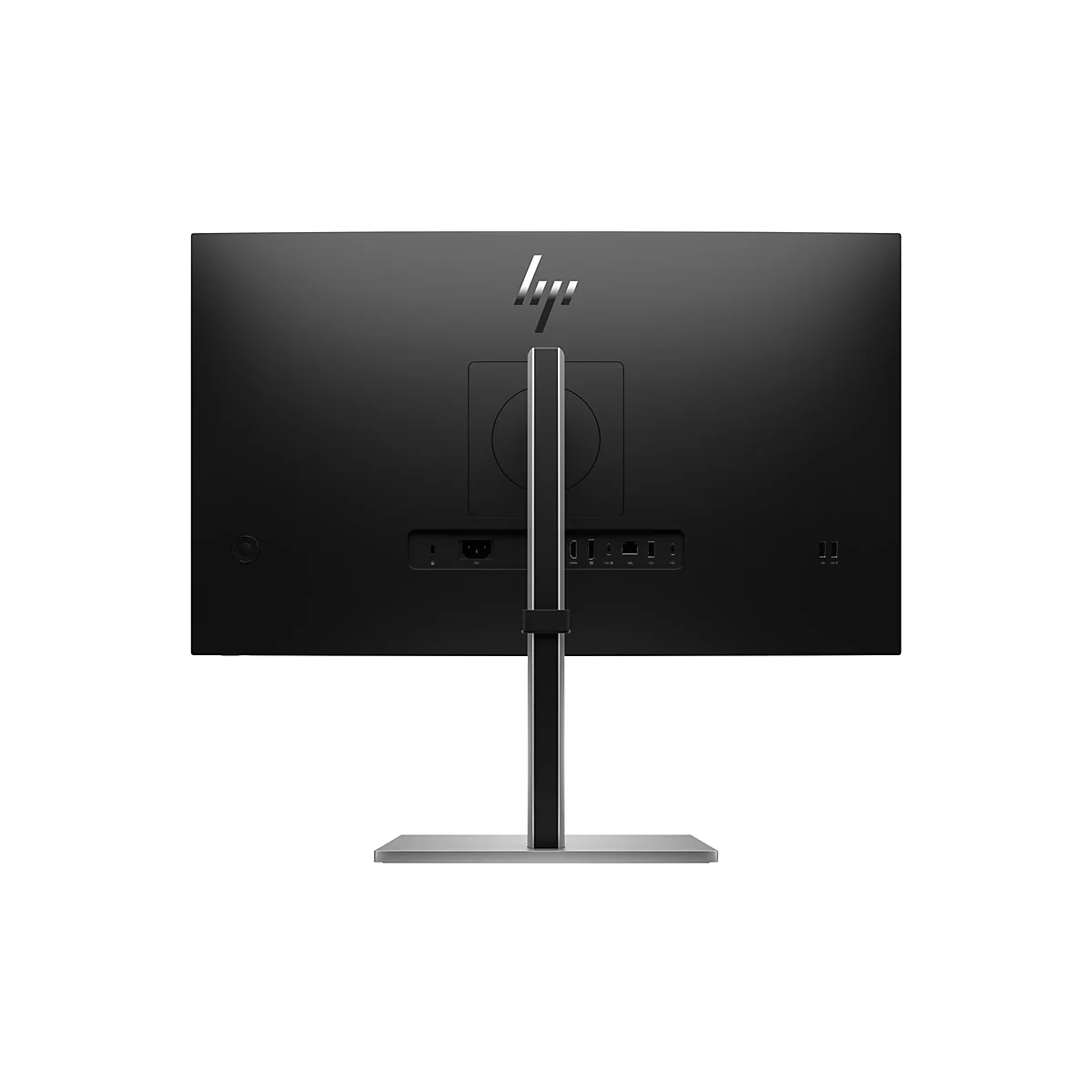 Rückseite eines schwarzen HP Monitors auf einem silbernen Standfuß mit verschiedenen Anschlussmöglichkeiten.