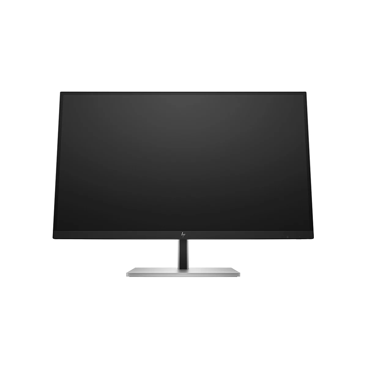 Schwarzer HP Monitor mit schlanken Rahmen auf einem silbernen Standfuß vor weißem Hintergrund.