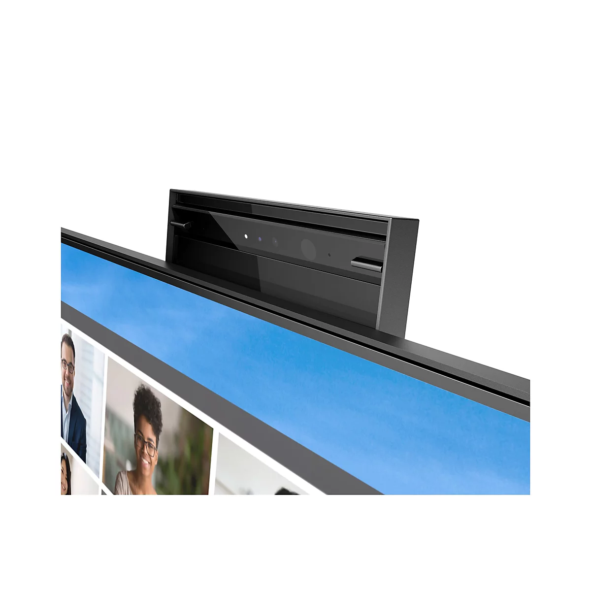 Eine ausfahrbare Webkamera oben an einem Monitor mit Videokonferenz-Bildschirmansicht.