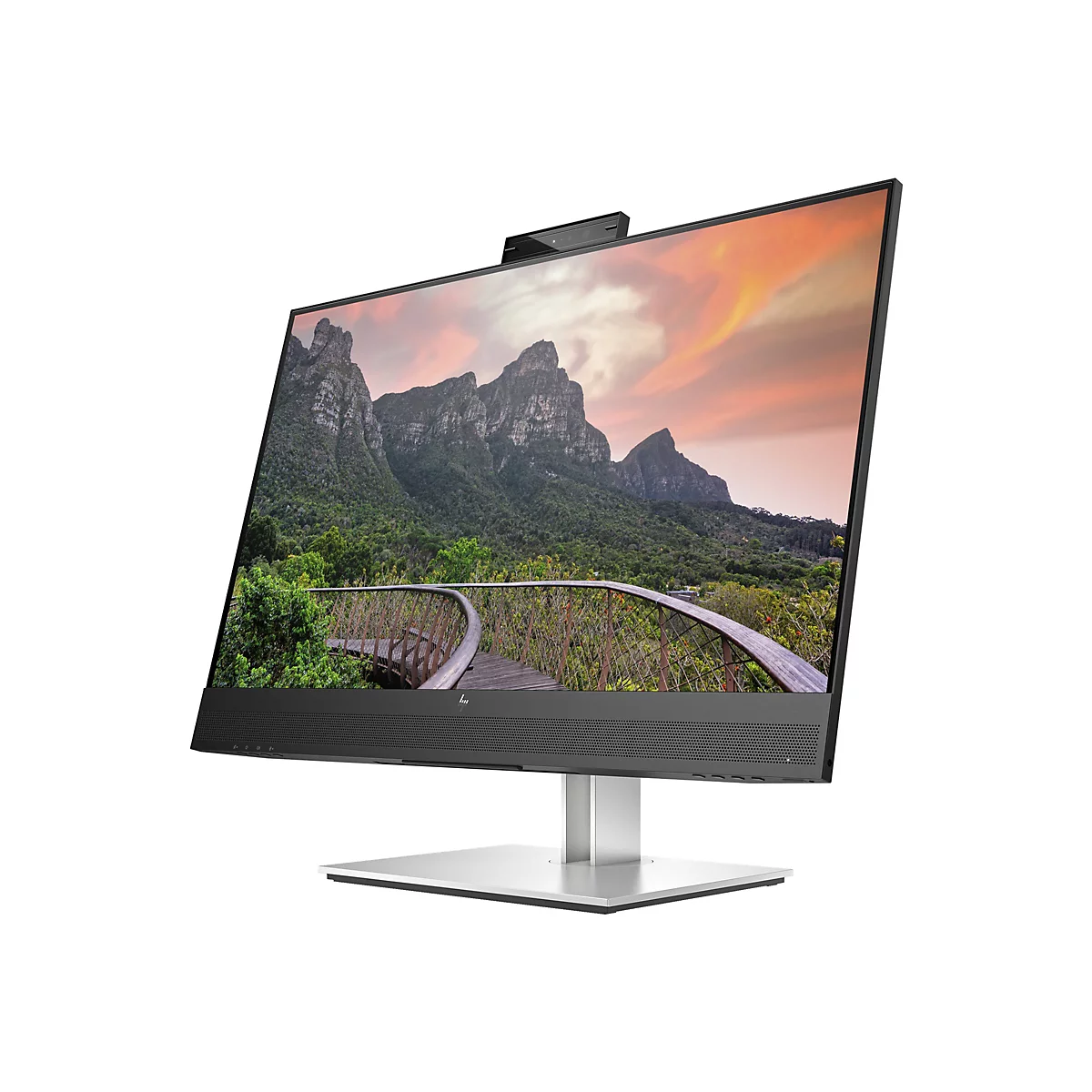 HP-Monitor mit schmalem Rahmen, Standfuß aus Metall, integrierter Webcam und Landschaftsbild auf dem Display.