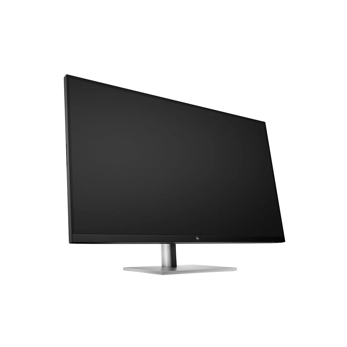 Schwarzer HP Monitor mit schlankem Rahmen auf einem silbernen Standfuß vor weißem Hintergrund.