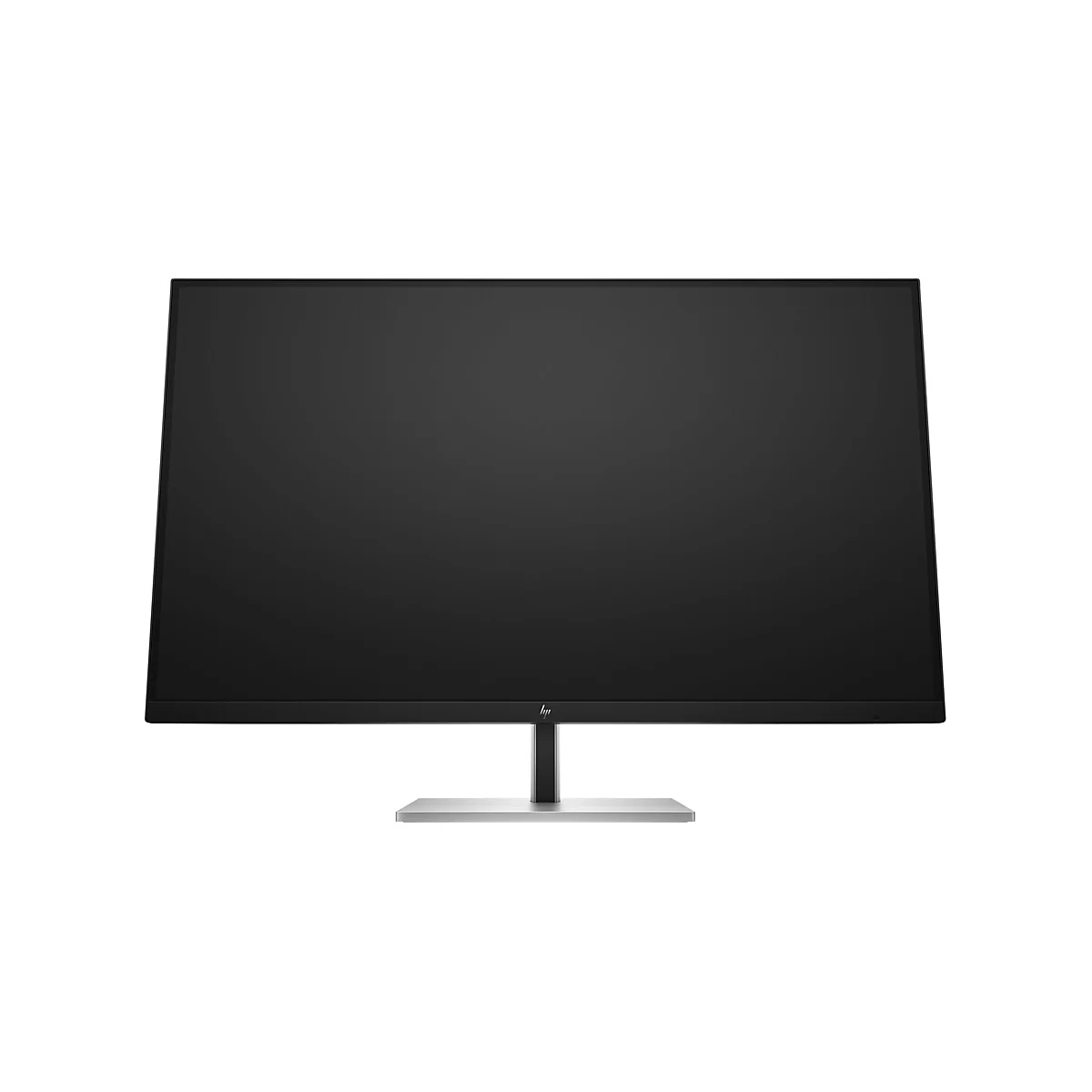 Schwarzer HP Monitor mit schlankem Rahmen auf einem silbernen Standfuß vor weißem Hintergrund.