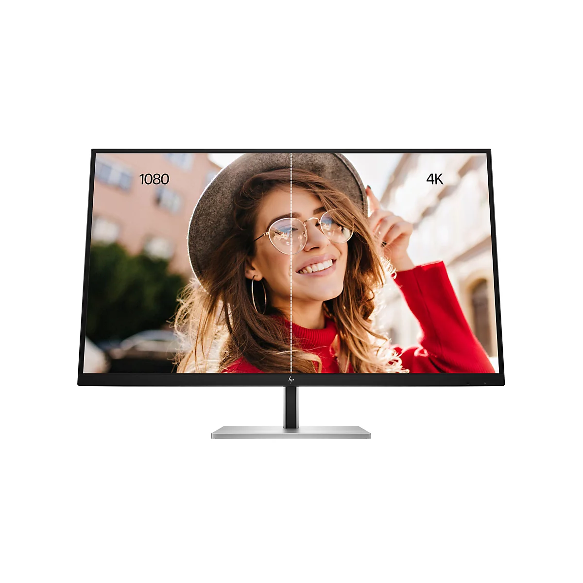 HP Monitor zeigt Vergleich zwischen 1080p und 4K Bildqualität anhand eines Frauenporträts.