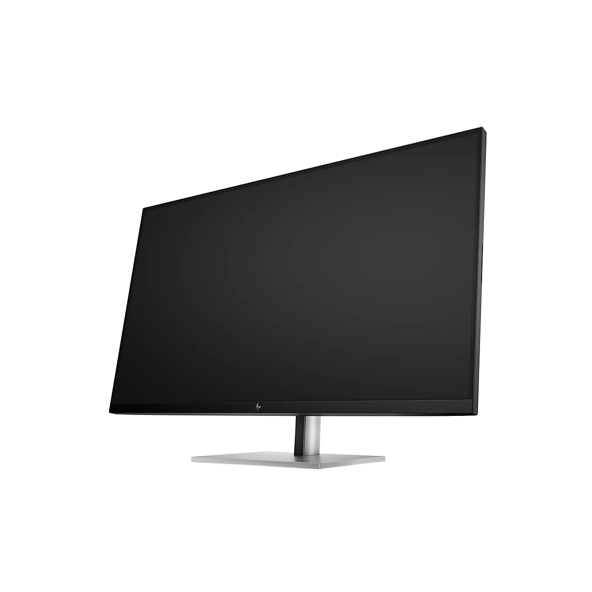 Ein schwarzer HP Computer-Monitor in Frontalansicht mit silbernem Standfuß vor weißem Hintergrund.