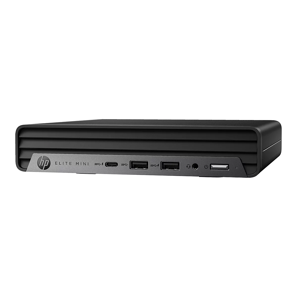 Schwarzer HP Elite Mini-PC, Frontansicht mit AnschlÃ¼ssen.
