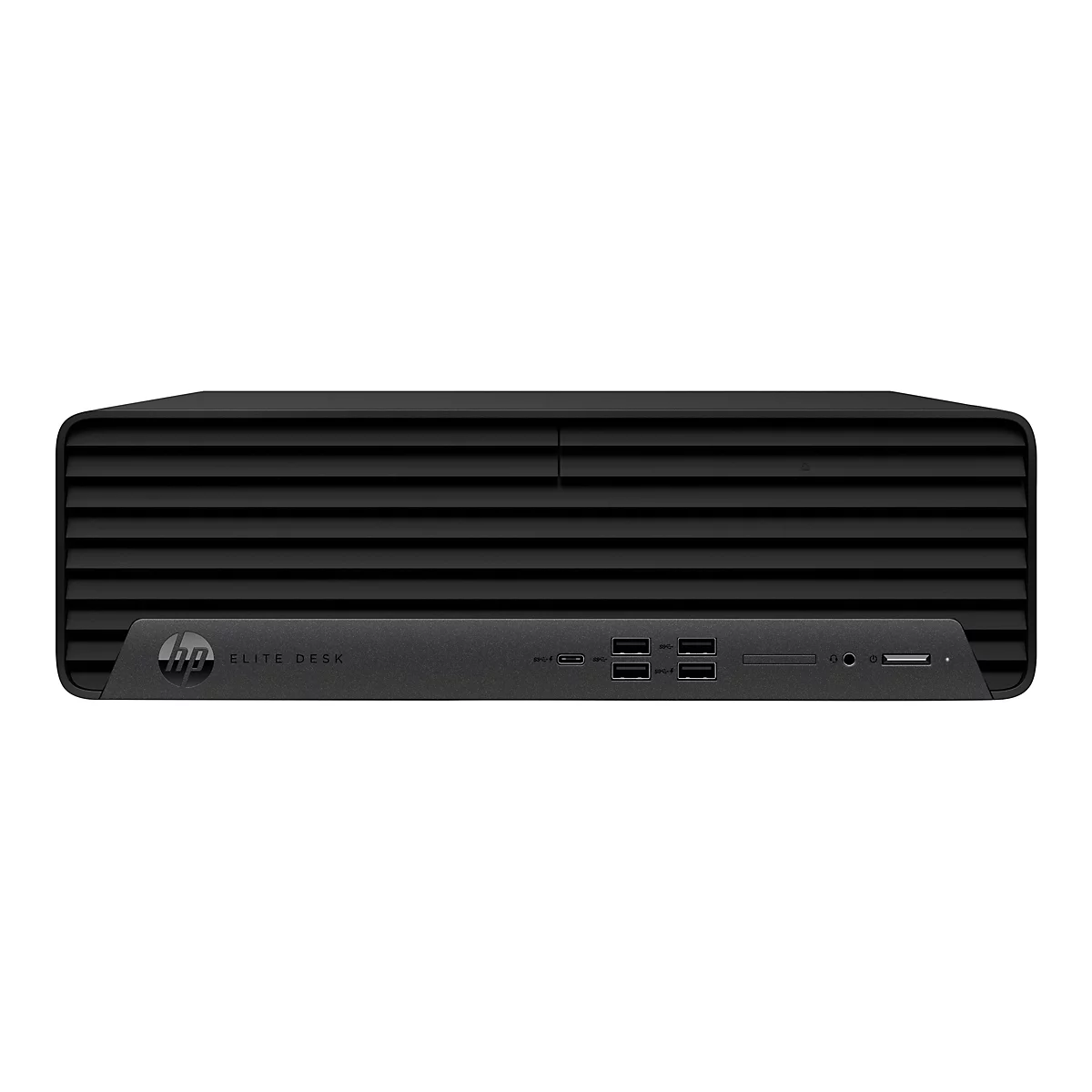 Ein schwarzer HP EliteDesk-Desktop-Computer. Auf der Vorderseite befinden sich horizontale Rippen, eine HP-Marke und verschiedene Ports.