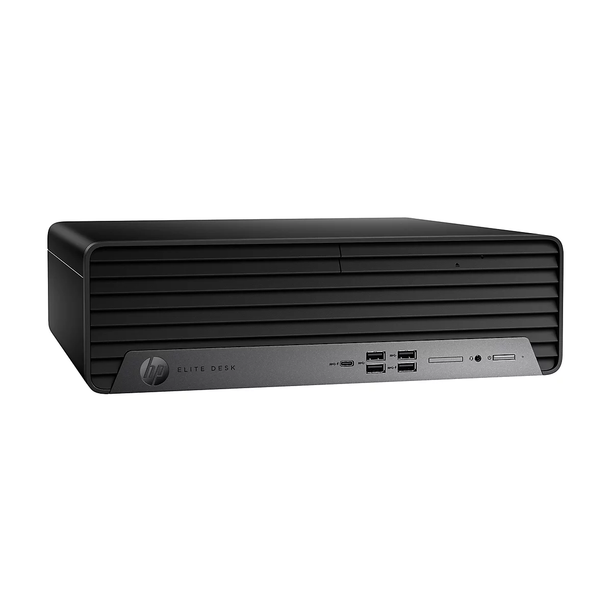 Schwarzer HP EliteDesk Desktop-PC mit horizontalen Lamellen und verschiedenen Anschlüssen.