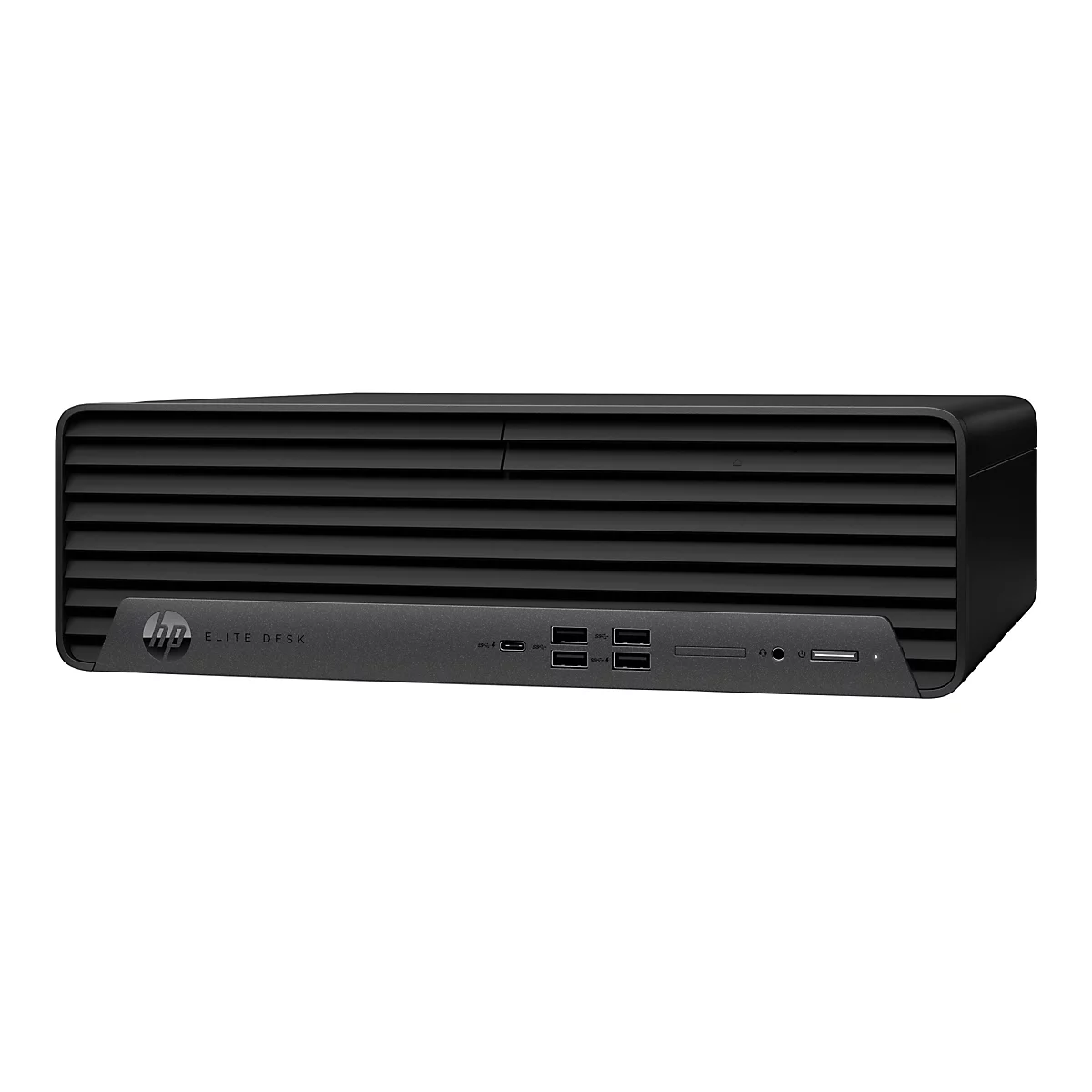Schwarzer HP EliteDesk-Desktop-Computer vor weißem Hintergrund. Auf der Vorderseite befinden sich Anschlüsse und das HP-Logo.