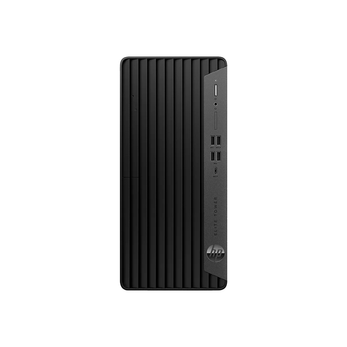 Schwarzer HP Elite Tower PC. Vertikale Rillen auf der Vorderseite. Oben befinden sich Anschlüsse, HP-Logo unten.