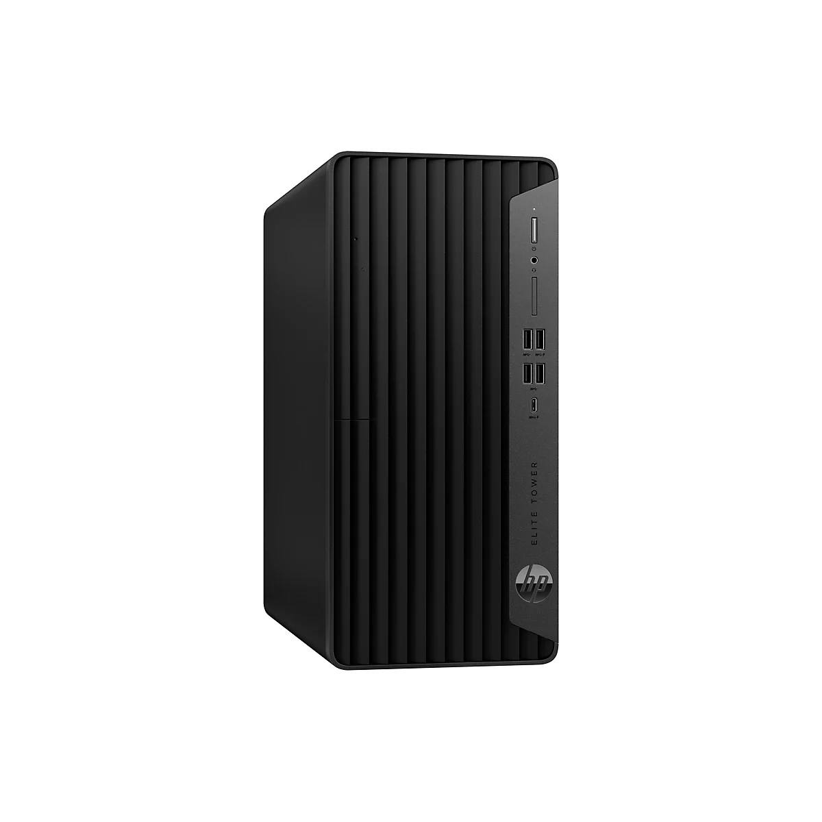 Ein schwarzer HP Elite Tower PC, vertikal positioniert. Auf der rechten Seite sind Anschlüsse, USB-Anschlüsse und das HP Logo zu sehen.