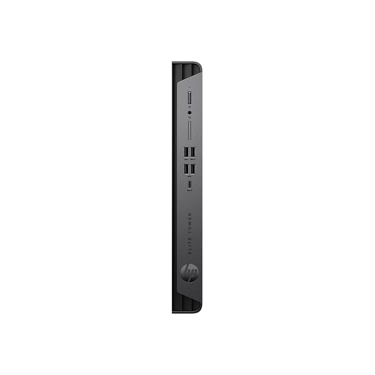 Grauer HP Elite Tower-PC. An der Vorderseite befinden sich Anschlüsse und das HP-Logo.