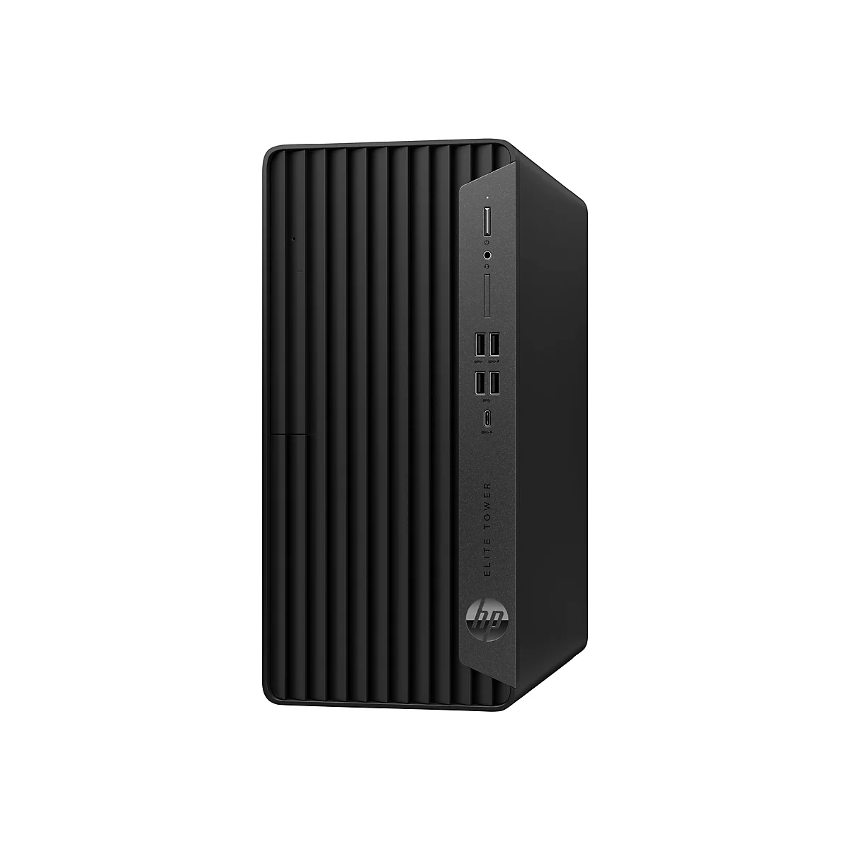 Schwarzer Desktop-PC mit geriffelter Oberfläche. Auf der Vorderseite sind Anschlüsse zu sehen, darunter USB und Audio.