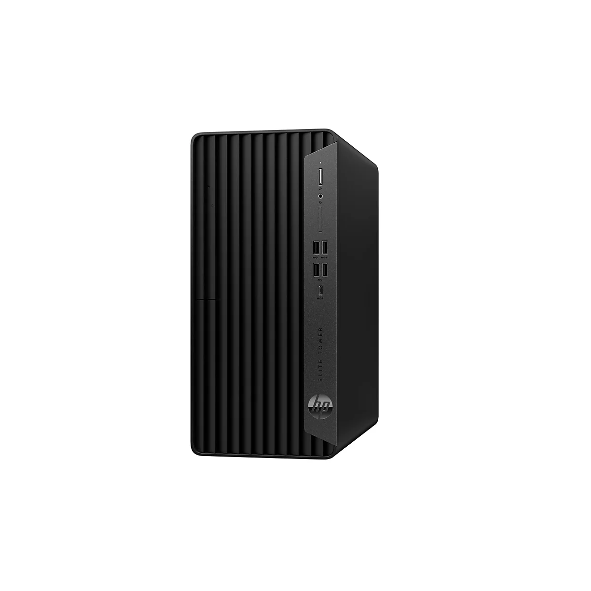 Schwarzer Desktop-PC mit vertikalen Rillen auf der Vorderseite. Auf der rechten Seite sind Anschlüsse und das HP-Logo zu sehen.
