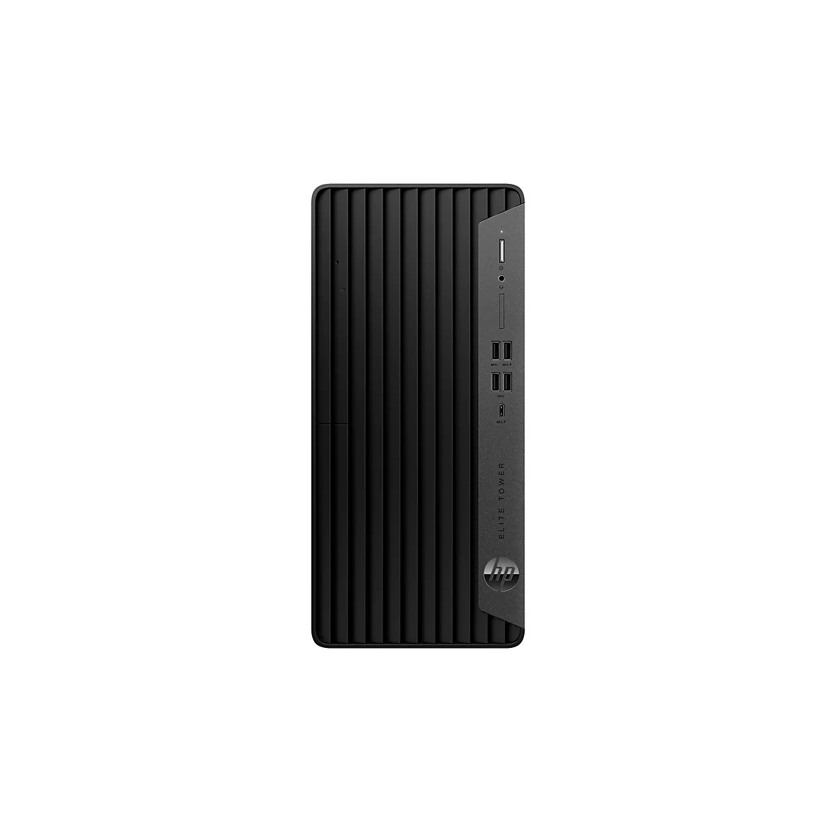 Ein schwarzer HP Elite Tower-PC vor weißem Hintergrund. Vorderansicht. Vertikale Linien strukturieren die Front. Oben Anschlüsse, HP-Logo unten.