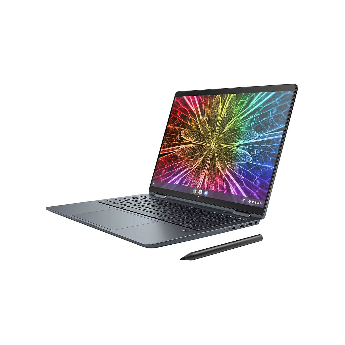 Ein grauer Laptop mit Stift auf weißem Grund. Auf dem Bildschirm ein farbenfrohes Muster.