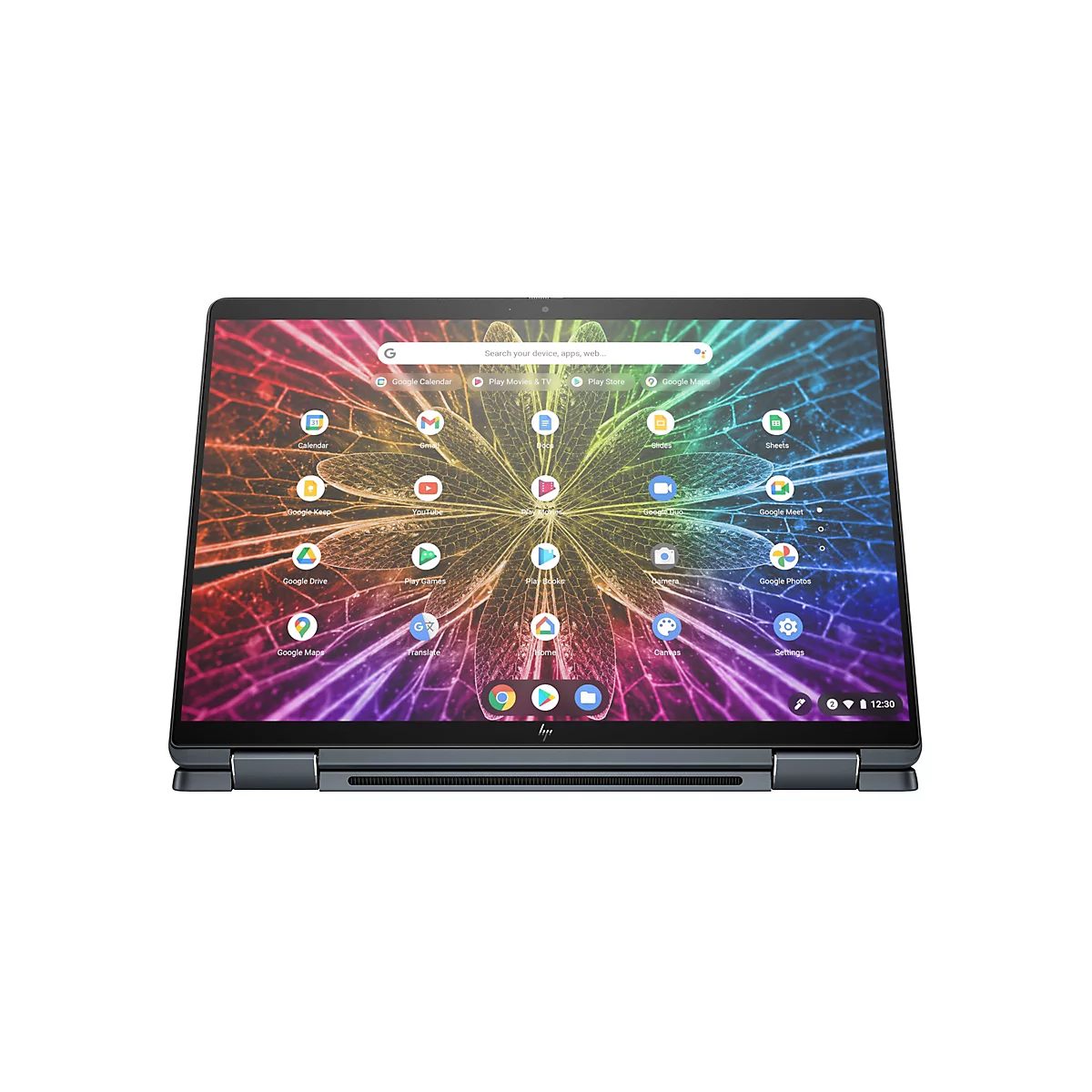 Ein graues HP Chromebook x2 11 Tablet mit geöffnetem Bildschirm vor weißem Hintergrund. Der Bildschirm zeigt ein farbenfrohes, blattförmiges Design und App-Symbole.