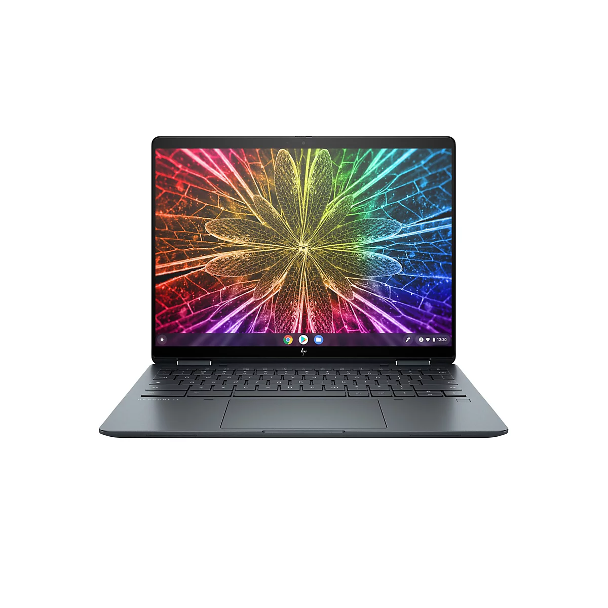 Dunkelgraues Laptop mit einem bunten Bildschirmmuster auf weißem Hintergrund. Das Notebook ist geöffnet, die Tastatur ist sichtbar. Auf dem Bildschirm ist ein mehrfarbiges, blütenförmiges Muster zu sehen.